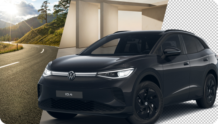 A black Volkswagen ID.4 electric SUV is positioned in the foreground. The background is split into three distinct sections: on the left, a scenic winding mountain road with sunbeams shining through the trees; in the middle, a modern, minimalist architectural structure with beige walls; and on the right, a transparent checkerboard design often used to indicate image background removal. The car is partially positioned over all three backgrounds.