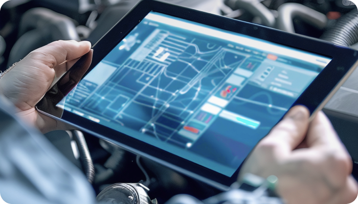 cropped view of warehouse employee holding a tablet with car engine in the background