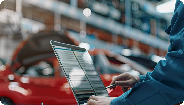 cropped view of warehouse employee using a laptop with blurred car in the background