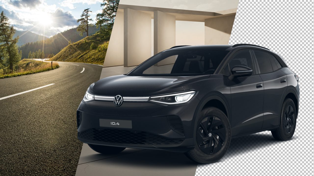 A black Volkswagen ID.4 electric SUV is positioned in the foreground. The background is split into three distinct sections: on the left, a scenic winding mountain road with sunbeams shining through the trees; in the middle, a modern, minimalist architectural structure with beige walls; and on the right, a transparent checkerboard design often used to indicate image background removal. The car is partially positioned over all three backgrounds.